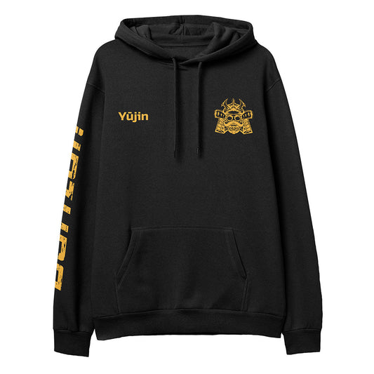 Black hoodie with gold text and emblem on a white background