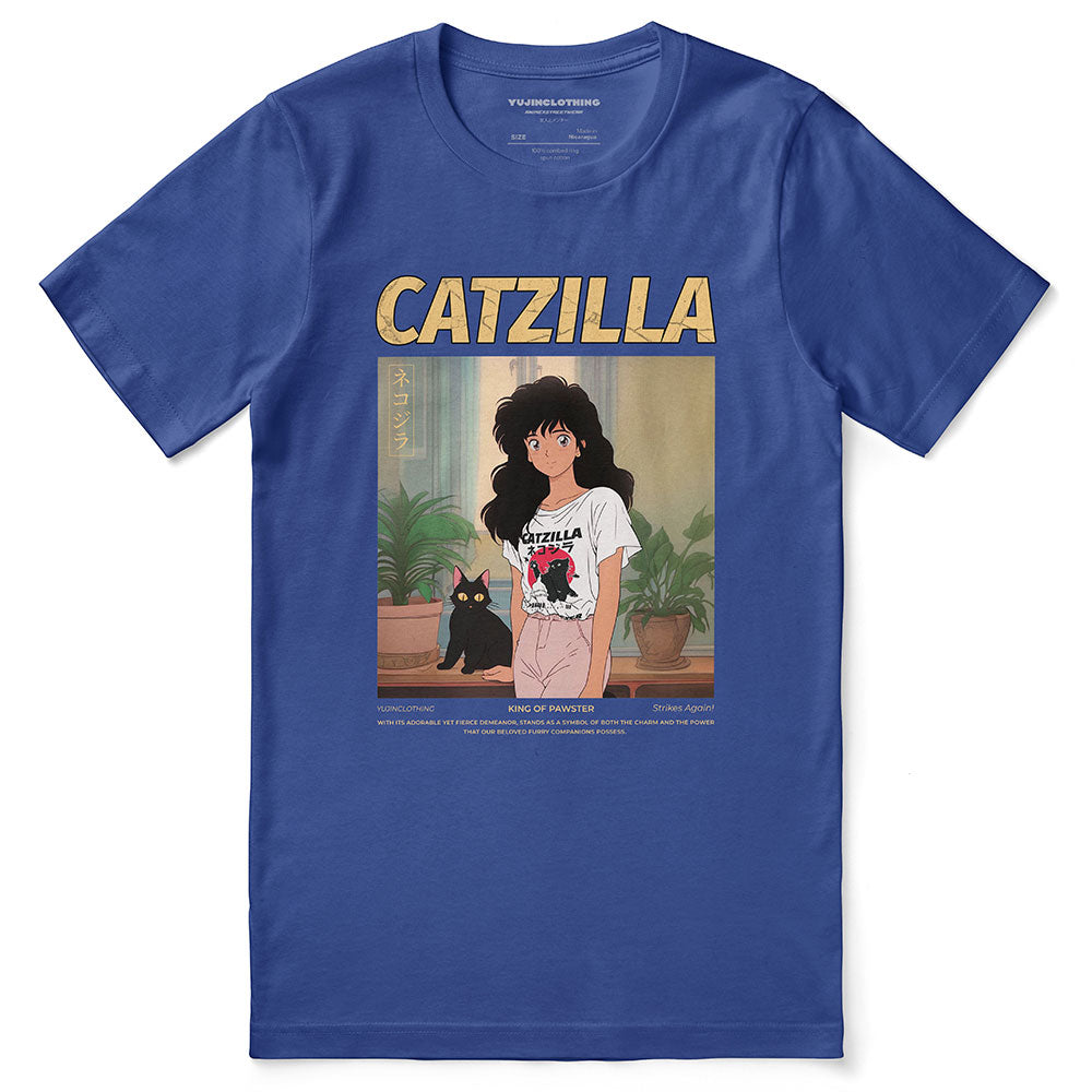Blue t-shirt with 'CATZILLA' graphic design featuring a person and black cat.