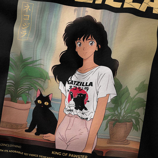 T-shirt with an illustration of a person wearing a 'Godzilla' t-shirt, sitting with a black cat, in front of a plant.