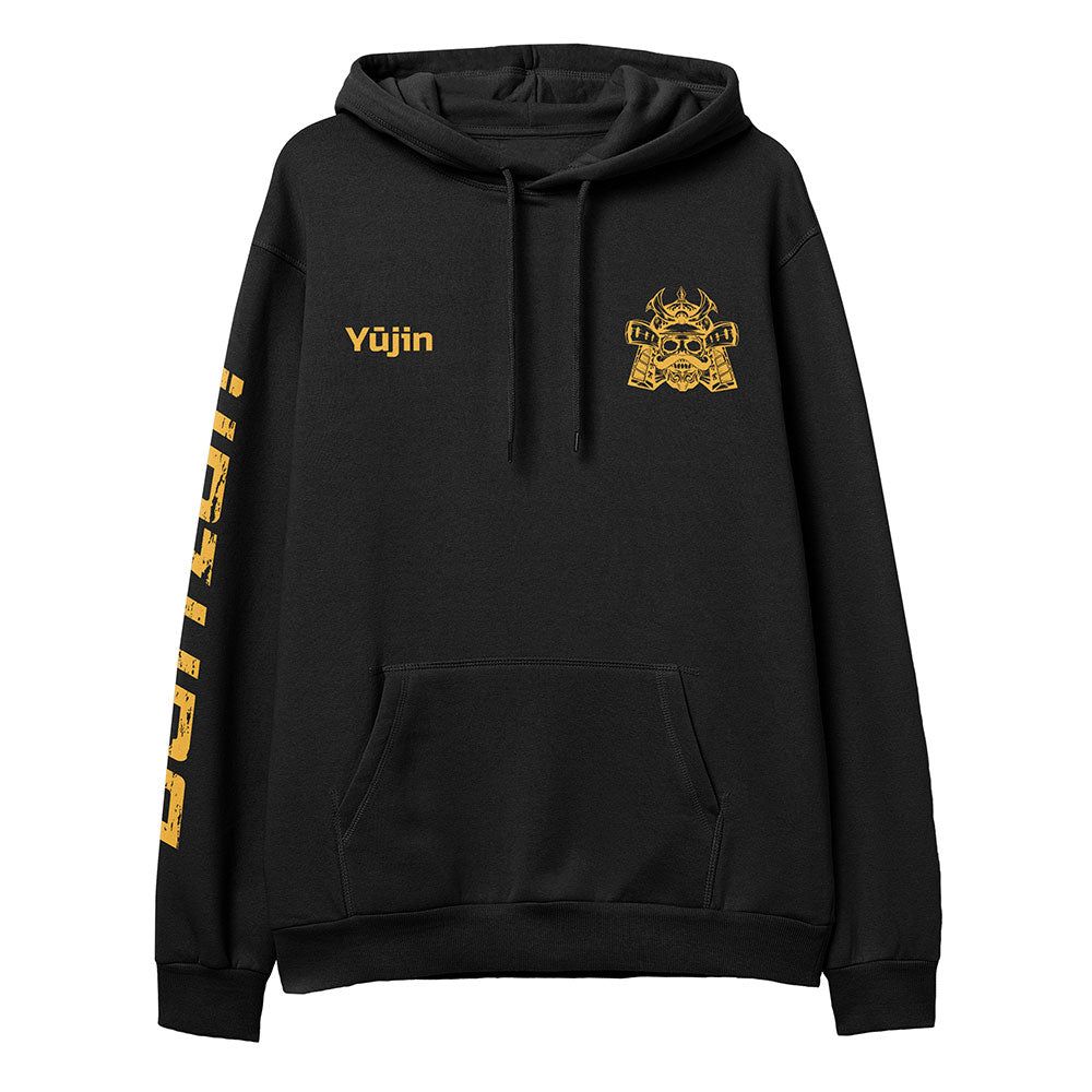 Black hoodie with gold text and emblem on a white background