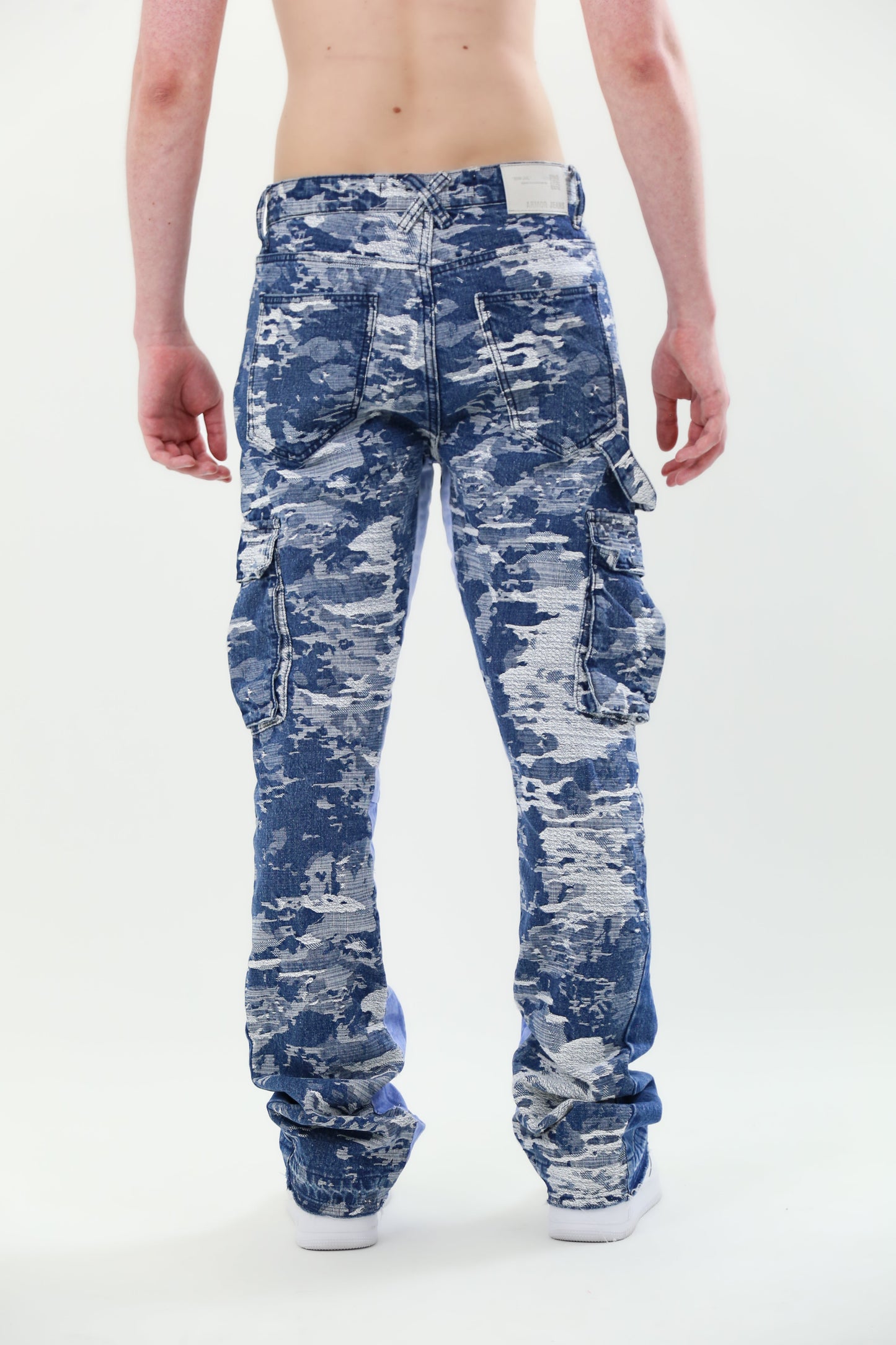 AJS695 BLUE CARGO JACQUARD STACKED JEANS