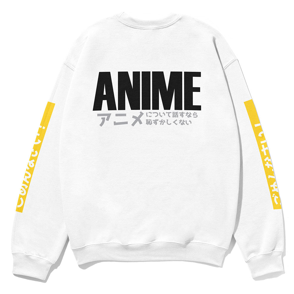 White sweatshirt with 'ANIME' text and yellow accents on a white background