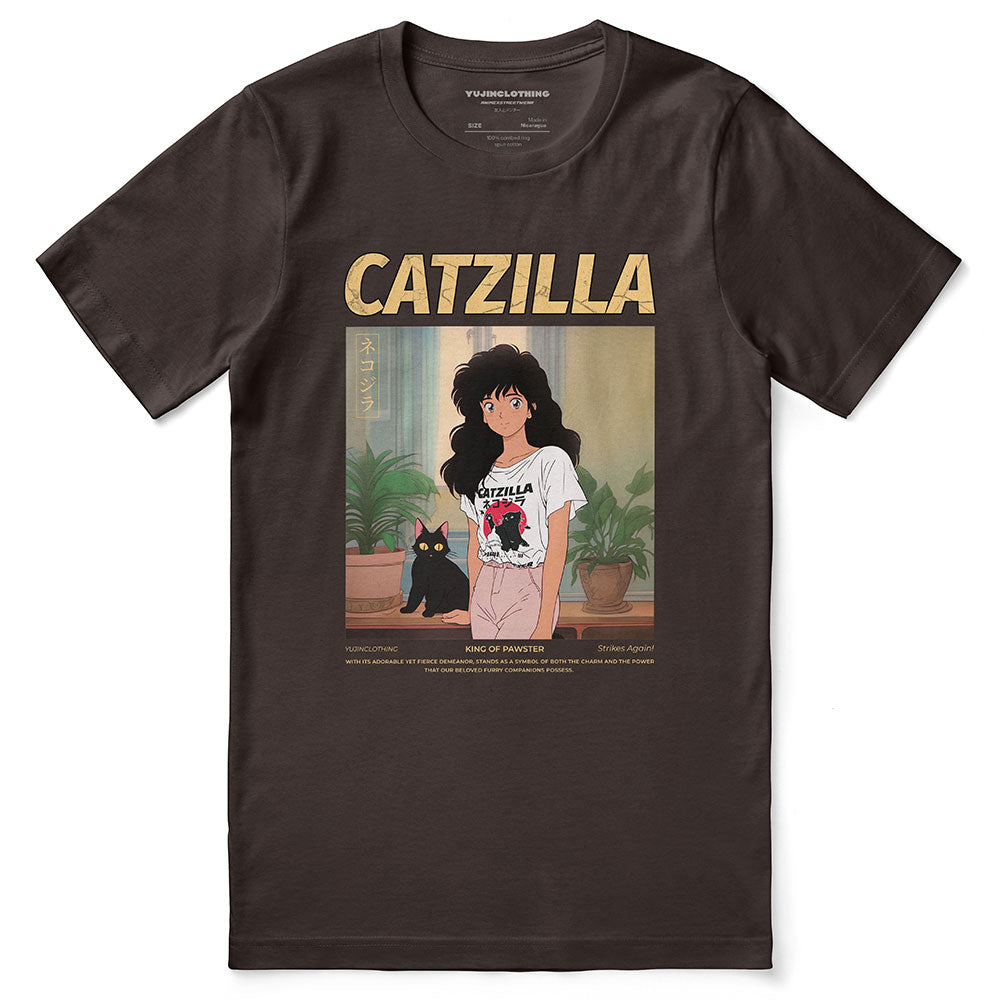 Black t-shirt with 'CATZILLA' graphic design featuring a person with a cat and a black cat.