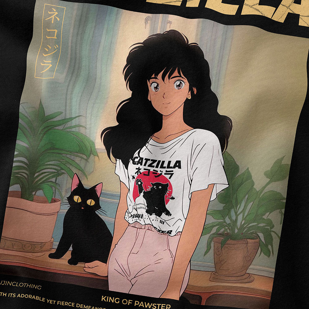 T-shirt with an illustration of a person wearing a 'Godzilla' t-shirt, sitting with a black cat, in front of a plant.