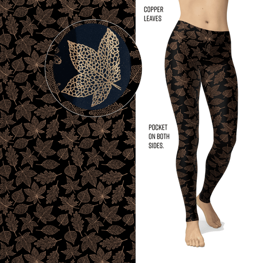 Copper Leaves Leggings with Copper Glitter and Pockets