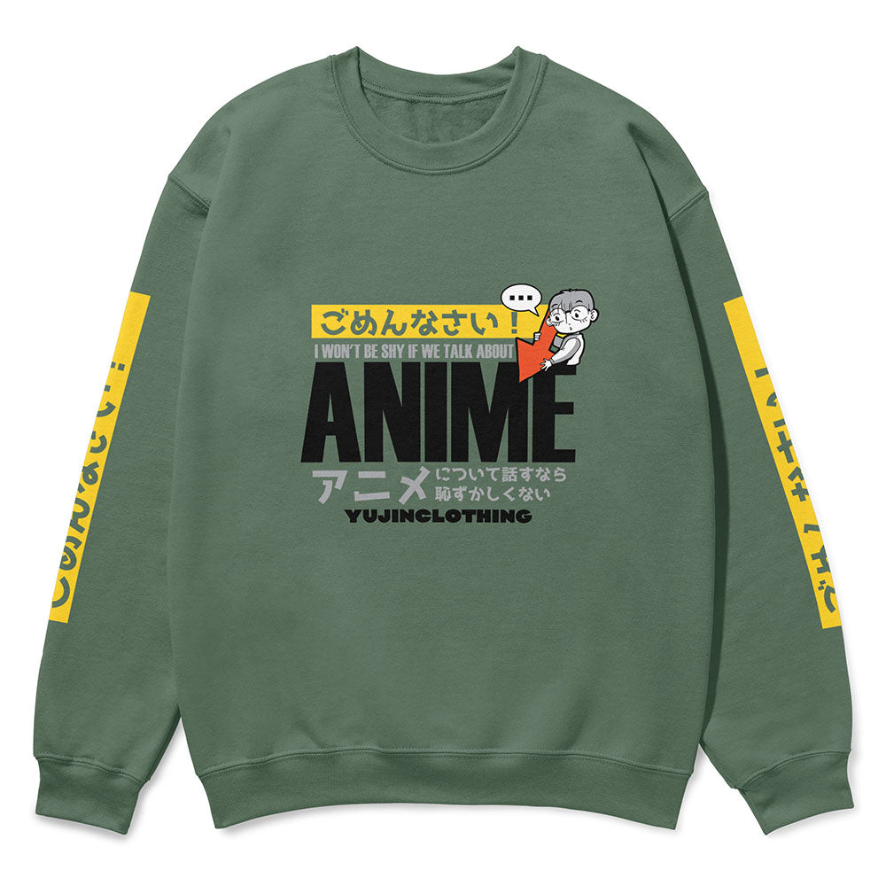 Green sweatshirt with anime-themed design and text on a white background