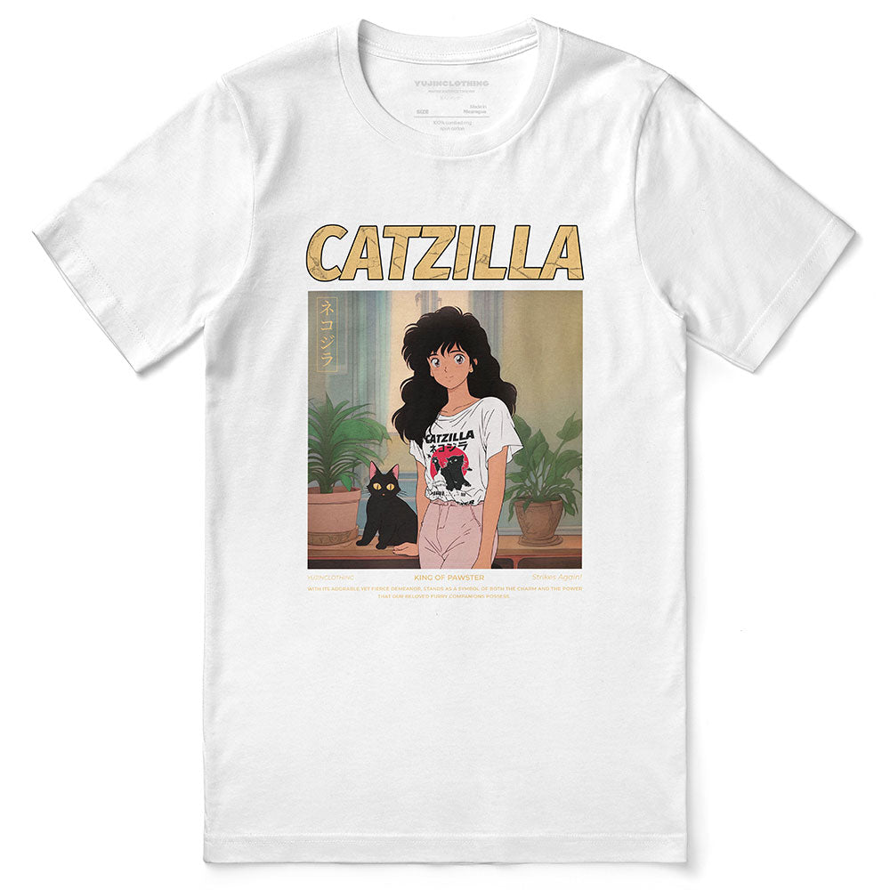 White t-shirt with 'Catzilla' graphic design featuring a person and a black cat.